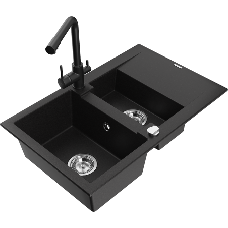 Mexen Gaspar 1.5-bowl granite sink with drainer and Duero kitchen faucet, black - 6507-77-671600-70