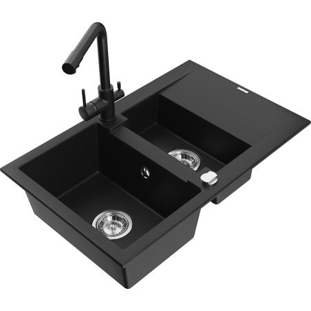 Mexen Gaspar granite sink 1.5-bowl with drainer and Duero kitchen faucet, black - 6507-77-671600-70