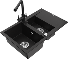 Mexen Gaspar 1.5-compartment granite sink with a drip tray and kitchen mixer tap Duero, Black - 6507-77-671600-70