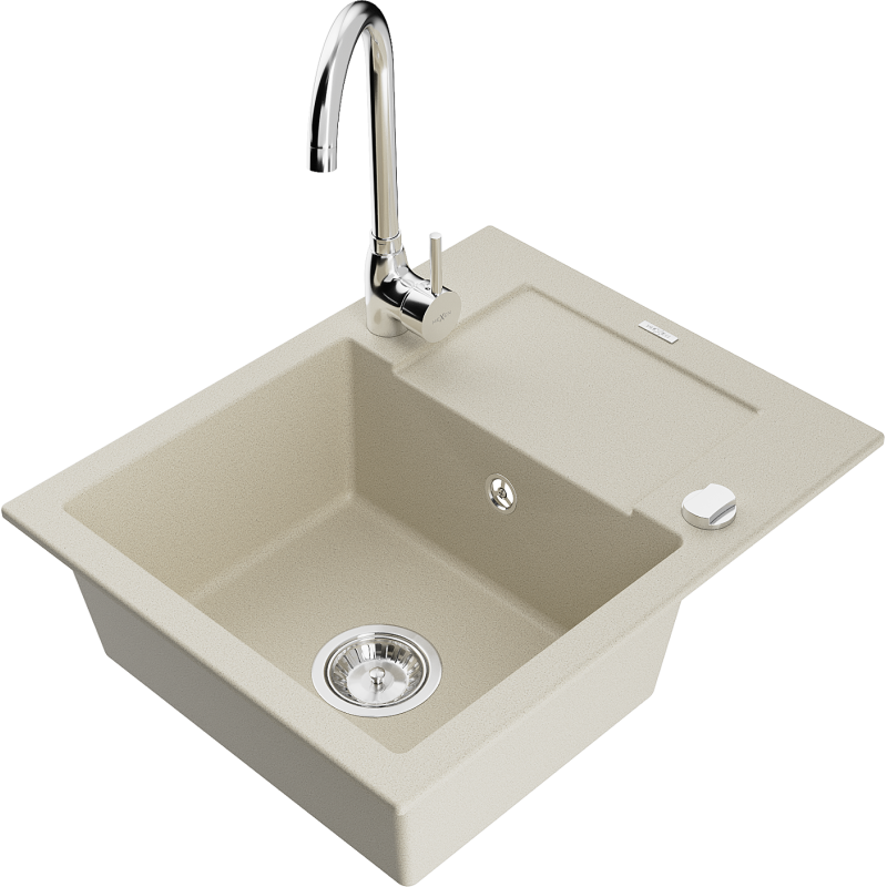 Mexen Enzo 1-compartment granite sink with a drip tray and kitchen mixer tap Telma, Beige - 6506-69-670200-00
