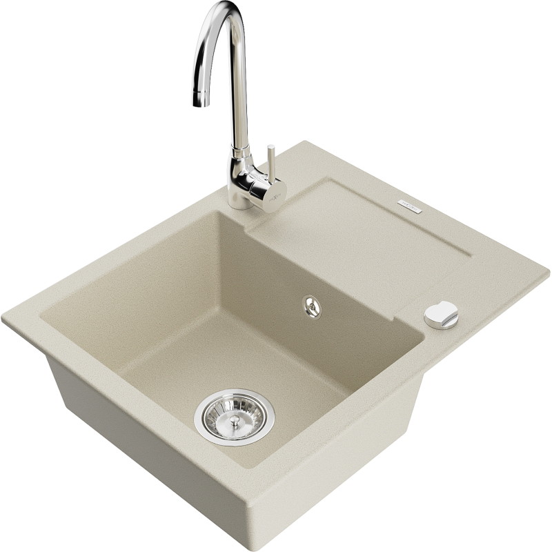 Mexen Enzo granite kitchen sink with 1 bowl, drainer, and Telma kitchen faucet, beige - 6506-69-670200-00