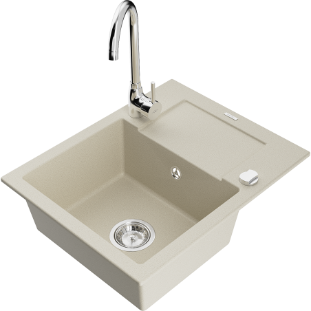 Mexen Enzo 1-compartment granite sink with a drip tray and kitchen mixer tap Telma, Beige - 6506-69-670200-00
