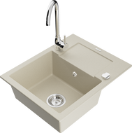 Mexen Enzo granite kitchen sink with 1 bowl, drainer, and Telma kitchen faucet, beige - 6506-69-670200-00