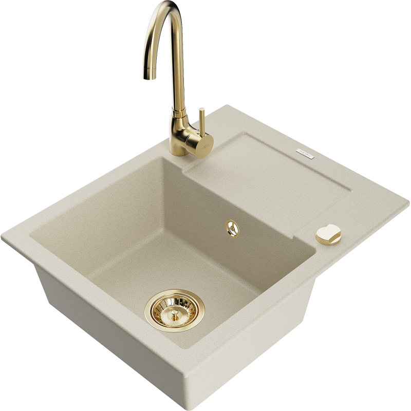 Mexen Enzo 1-compartment granite sink with a drip tray and kitchen mixer tap Telma, Beige - 6506-69-670200-50