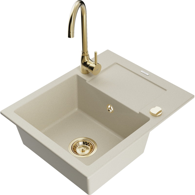 Mexen Enzo granite kitchen sink 1-bowl with drainer and Telma kitchen faucet, beige - 6506-69-670200-50