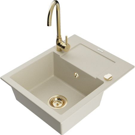 Mexen Enzo granite kitchen sink 1-bowl with drainer and Telma kitchen faucet, beige - 6506-69-670200-50