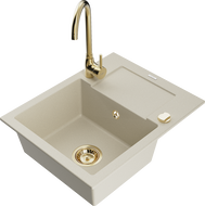 Mexen Enzo 1-compartment granite sink with a drip tray and kitchen mixer tap Telma, Beige - 6506-69-670200-50