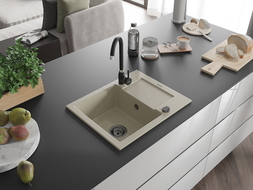 Mexen Enzo 1-compartment granite sink with a drip tray and kitchen mixer tap Telma, Beige - 6506-69-670200-70