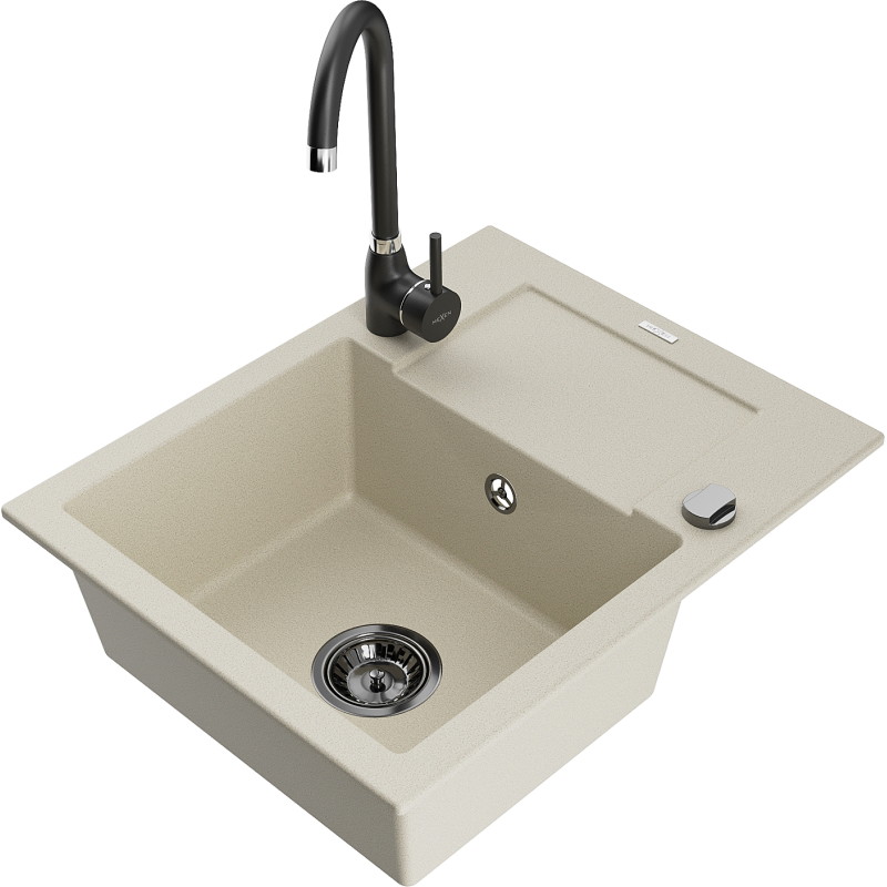 Mexen Enzo granite single-bowl kitchen sink with drainer and Telma faucet, beige - 6506-69-670200-70