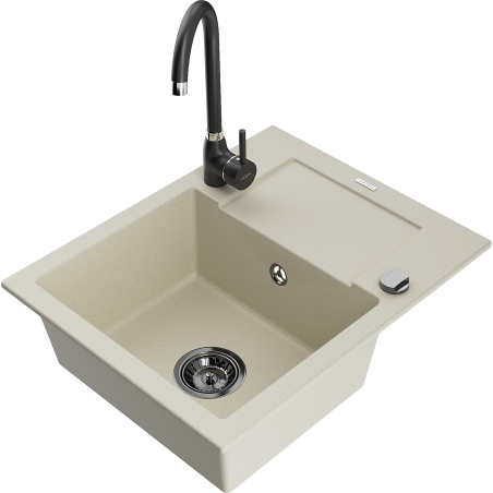 Mexen Enzo granite single-bowl kitchen sink with drainer and Telma faucet, beige - 6506-69-670200-70