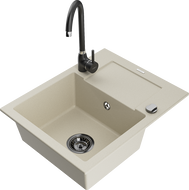 Mexen Enzo 1-compartment granite sink with a drip tray and kitchen mixer tap Telma, Beige - 6506-69-670200-70