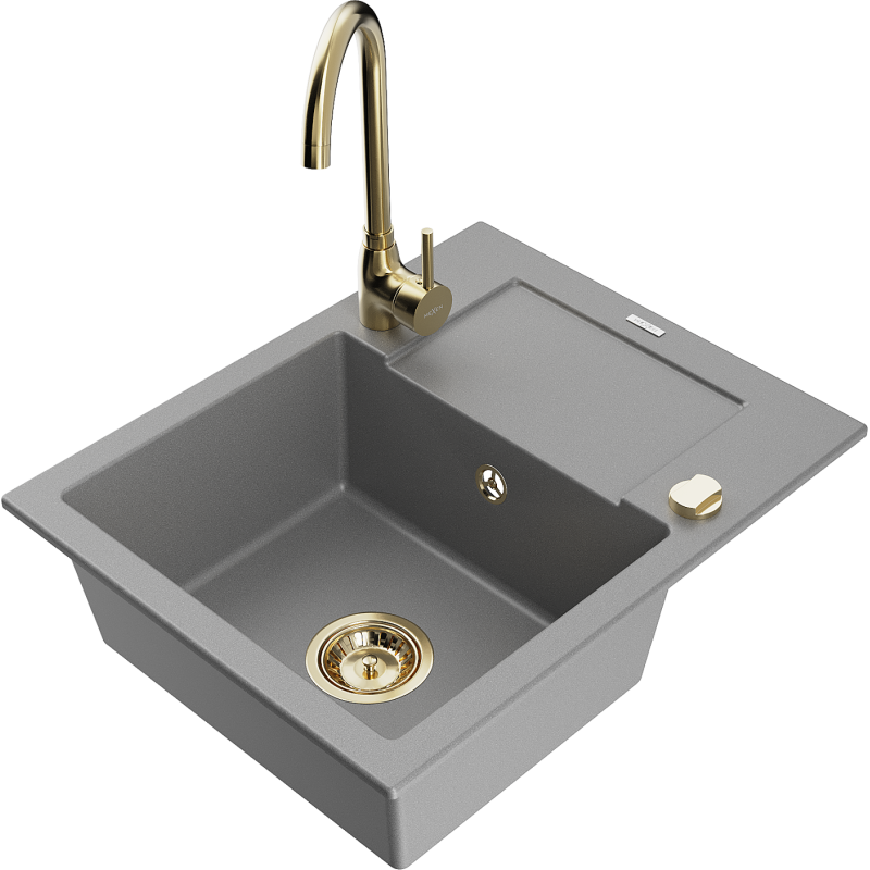 Mexen Enzo 1-bowl granite kitchen sink with drainer and Telma kitchen tap, grey - 6506-71-670200-50