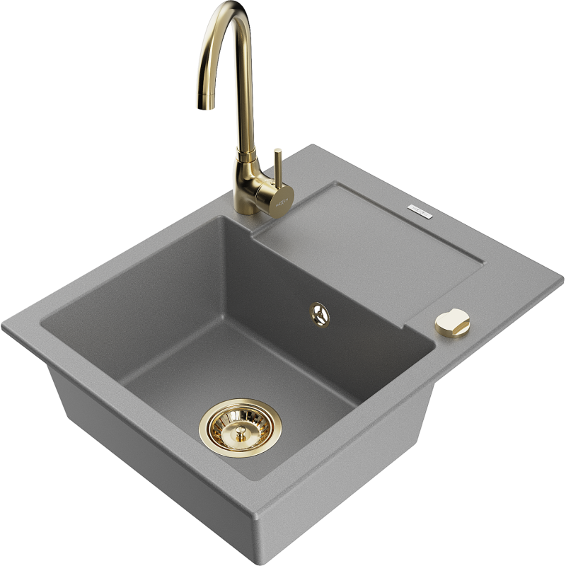 Mexen Enzo 1-compartment granite sink with a drip tray and kitchen mixer tap Telma, Grey - 6506-71-670200-50