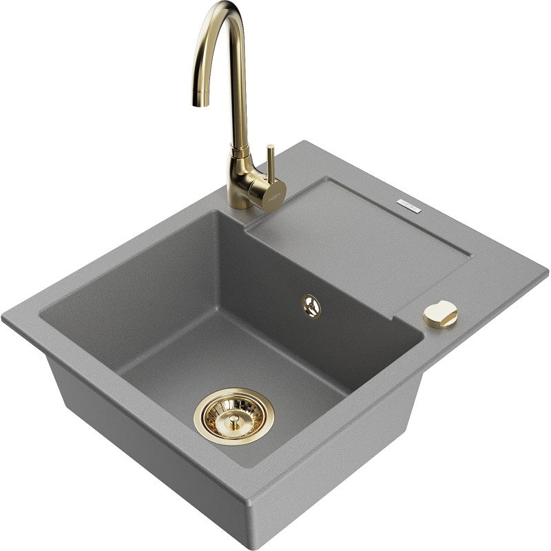 Mexen Enzo granite kitchen sink, 1-bowl with drainer and Telma kitchen faucet, gray - 6506-71-670200-50