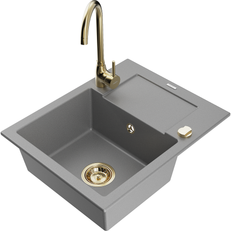 Mexen Enzo 1-compartment granite sink with a drip tray and kitchen mixer tap Telma, Grey - 6506-71-670200-50