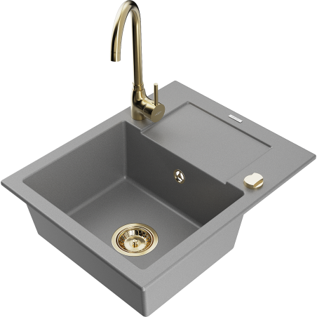 Mexen Enzo granite kitchen sink, 1-bowl with drainer and Telma kitchen faucet, gray - 6506-71-670200-50