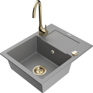 Mexen Enzo 1-compartment granite sink with a drip tray and kitchen mixer tap Telma, Grey - 6506-71-670200-50