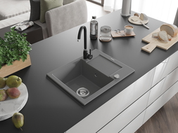 Mexen Enzo 1-compartment granite sink with a drip tray and kitchen mixer tap Telma, Grey - 6506-71-670200-70