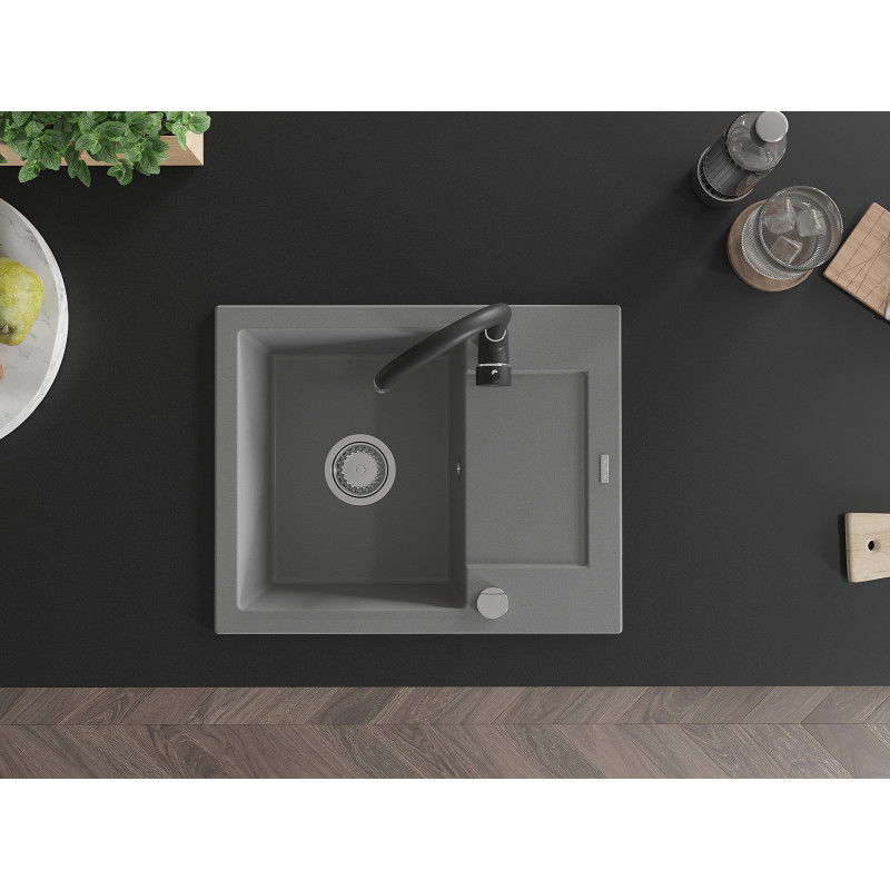 Mexen Enzo granite sink 1-compartment with drainer and Telma kitchen tap, grey - 6506-71-670200-70