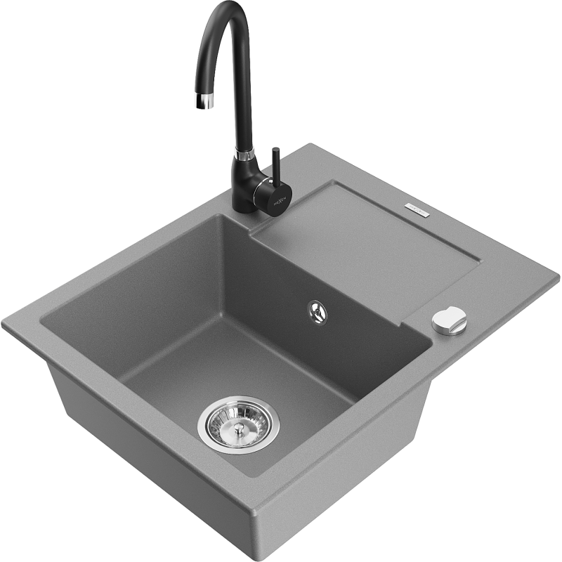 Mexen Enzo 1-compartment granite sink with a drip tray and kitchen mixer tap Telma, Grey - 6506-71-670200-70