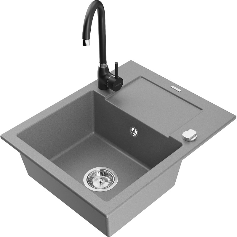 Mexen Enzo granit sink 1-bowl with drainer and Telma kitchen faucet, gray - 6506-71-670200-70