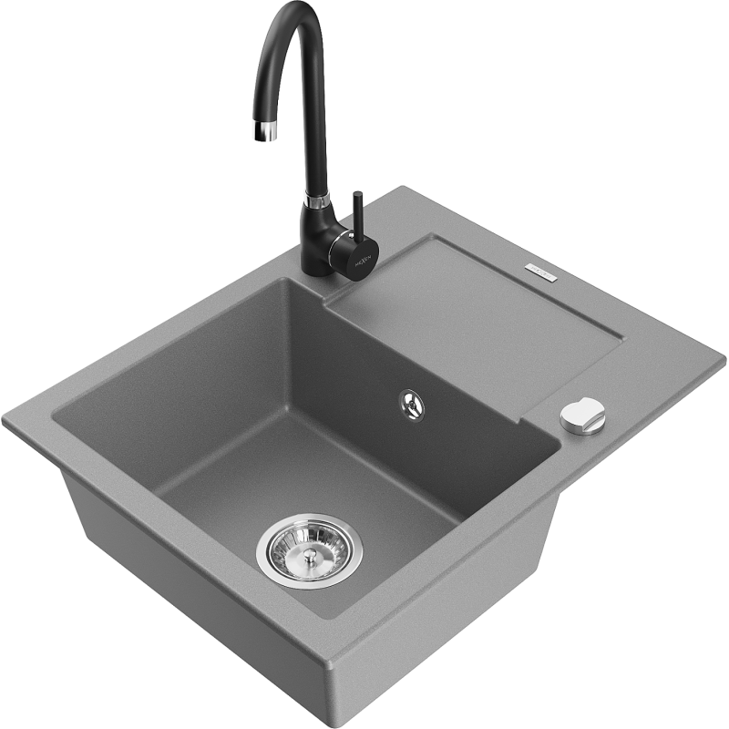 Mexen Enzo granite sink 1-compartment with drainer and Telma kitchen tap, grey - 6506-71-670200-70