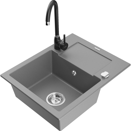 Mexen Enzo granite sink 1-chamber with drainer and kitchen faucet Telma, gray - 6506-71-670200-70