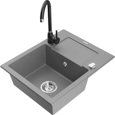 Mexen Enzo granite sink 1-compartment with drainer and Telma kitchen tap, grey - 6506-71-670200-70