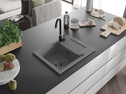 Mexen Enzo 1-chamber granite sink with drainer and Telma kitchen faucet, gray - 6506-71-670200-70-B