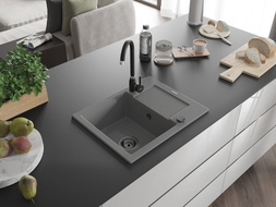 Mexen Enzo 1-chamber granite sink with drainer and Telma kitchen faucet, gray - 6506-71-670200-70-B