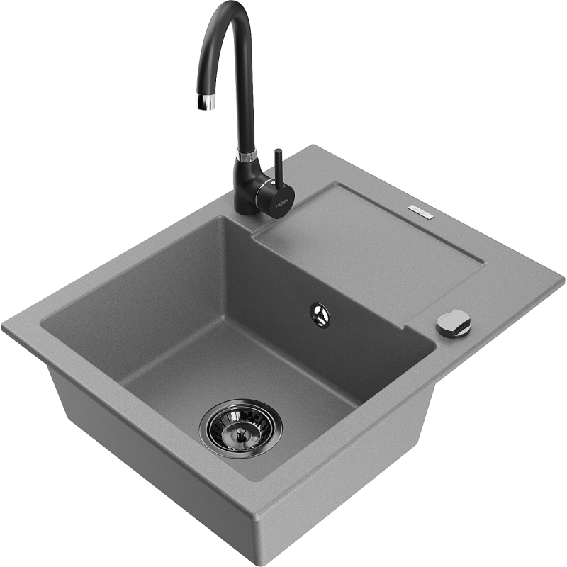 Mexen Enzo 1-bowl granite sink with drainer and Telma kitchen tap, grey - 6506-71-670200-70-B