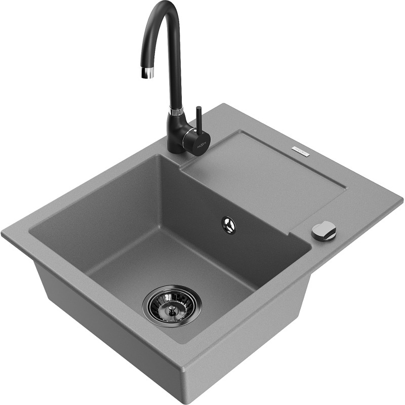 Mexen Enzo 1-chamber granite sink with drainer and Telma kitchen faucet, gray - 6506-71-670200-70-B