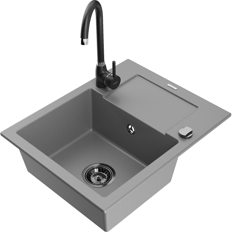 Mexen Enzo 1-compartment granite sink with a drip tray and kitchen mixer tap Telma, Grey - 6506-71-670200-70-B
