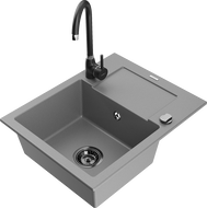 Mexen Enzo 1-compartment granite sink with a drip tray and kitchen mixer tap Telma, Grey - 6506-71-670200-70-B