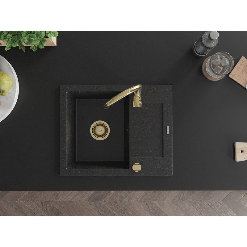 Mexen Enzo 1-bowl granite sink with drainer and Telma kitchen tap, black/silver - 6506-73-670200-50