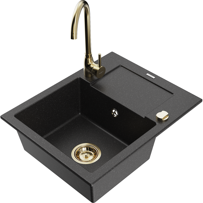 Mexen Enzo 1-bowl granite sink with drainer and Telma kitchen tap, black/silver - 6506-73-670200-50