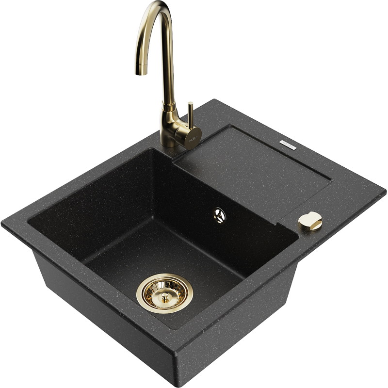 Mexen Enzo granit sink 1-bowl with drainer and Telma kitchen faucet, black/silver - 6506-73-670200-50