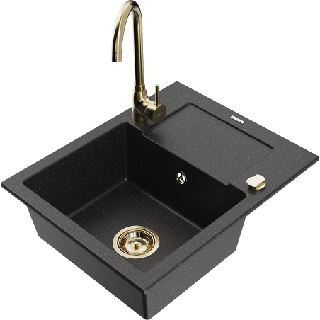 Mexen Enzo granite sink 1-bowl with drainer and Telma kitchen faucet, black/silver - 6506-73-670200-50