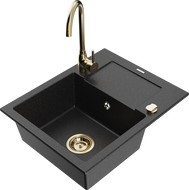 Mexen Enzo granite sink 1-bowl with drainer and Telma kitchen faucet, black/silver - 6506-73-670200-50