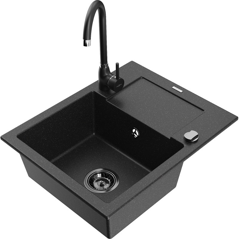 Mexen Enzo granite kitchen sink 1-bowl with drainer and Telma kitchen faucet, black/silver - 6506-73-670200-70-B