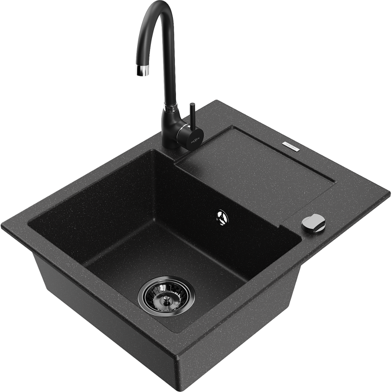 Mexen Enzo granite sink 1-bowl with drainer and Telma kitchen tap, black/silver - 6506-73-670200-70-B