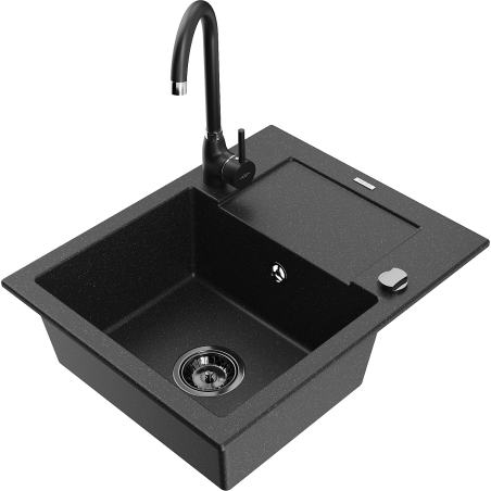 Mexen Enzo granite kitchen sink 1-bowl with drainer and Telma kitchen faucet, black/silver - 6506-73-670200-70-B