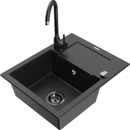 Mexen Enzo granite sink 1-bowl with drainer and Telma kitchen tap, black/silver - 6506-73-670200-70-B