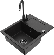 Mexen Enzo granite kitchen sink 1-bowl with drainer and Telma kitchen faucet, black/silver - 6506-73-670200-70-B
