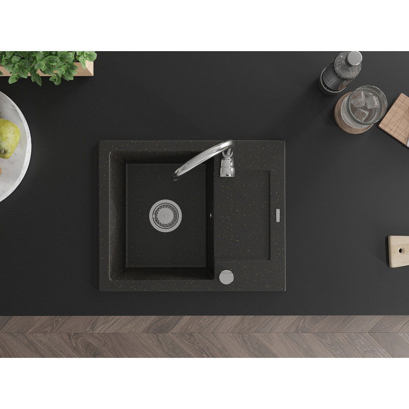 Mexen Enzo granite sink 1-bowl with drainer and Telma kitchen tap, black/gold - 6506-75-670200-00