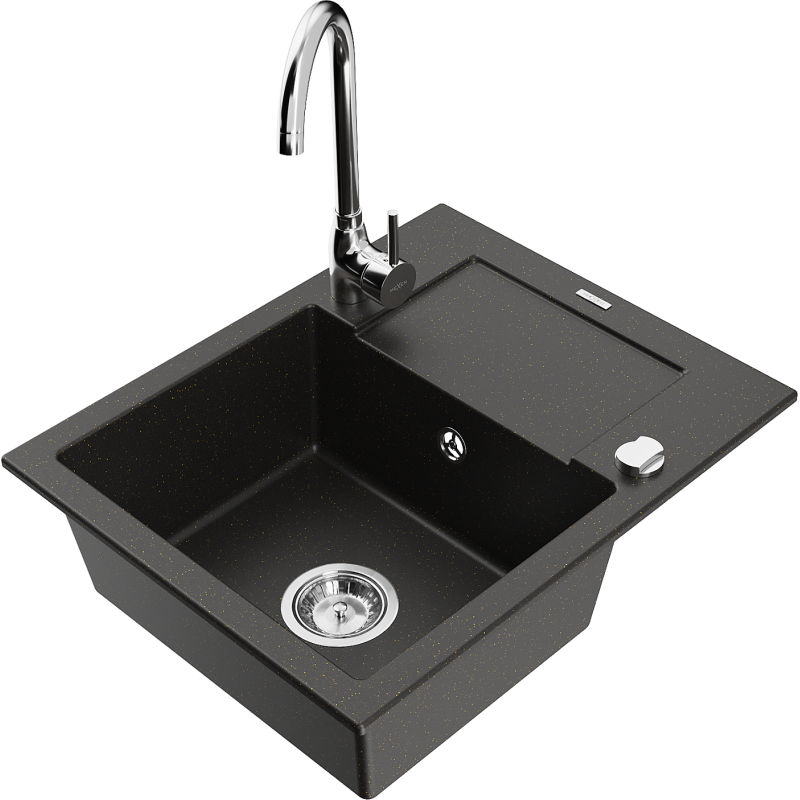 Mexen Enzo 1-compartment granite sink with a drip tray and kitchen mixer tap Telma, Black/Gold - 6506-75-670200-00