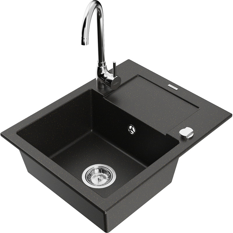 Mexen Enzo granite kitchen sink 1-bowl with drainer and Telma kitchen faucet, black/gold - 6506-75-670200-00
