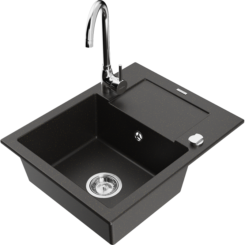 Mexen Enzo granite sink 1-bowl with drainer and Telma kitchen tap, black/gold - 6506-75-670200-00