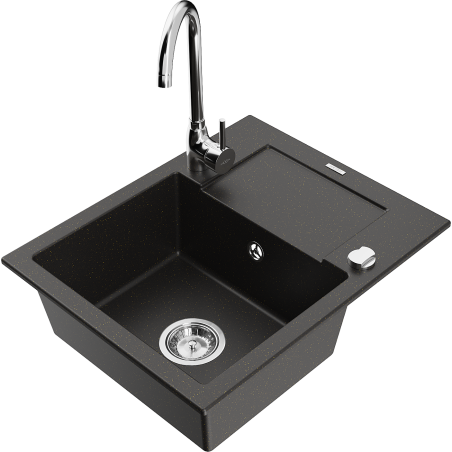 Mexen Enzo granite kitchen sink 1-bowl with drainer and Telma kitchen faucet, black/gold - 6506-75-670200-00