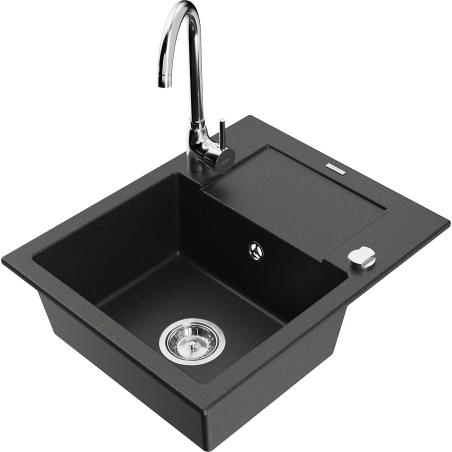 Mexen Enzo granite sink 1-bowl with drainer and Telma kitchen tap, black/gold - 6506-75-670200-00